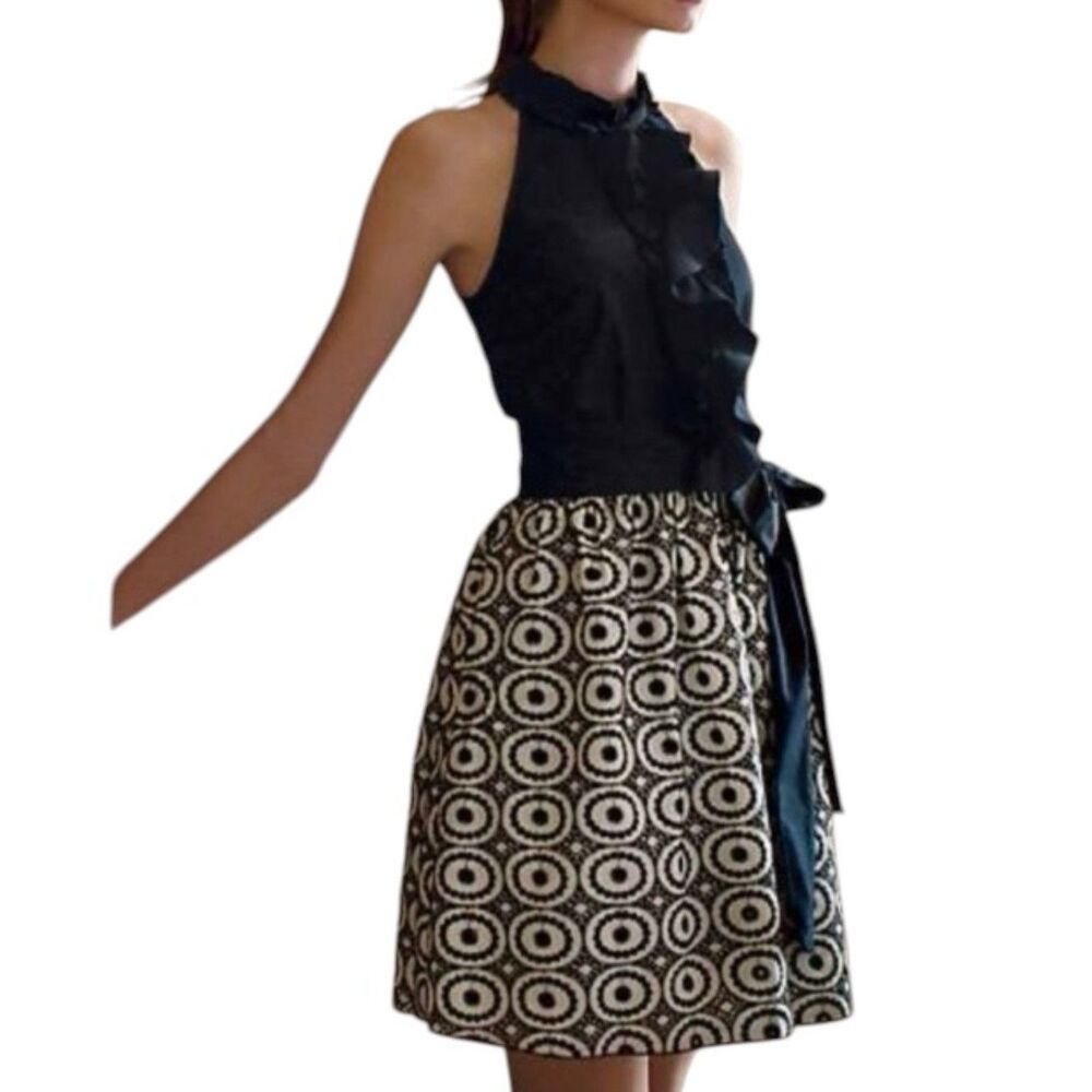 Weston Wear Anthropologie Black White Ruffle Neck Embroidered Sleeveless Dress 0